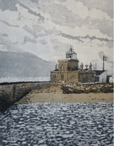Etching of a lighthouse, with sea in the foreground, pier to the left, mountain in the background and cloudy sky.